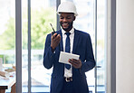 Black man, tablet and walkie talkie in construction management, office building schedule or architecture planning. Smile, happy and engineering worker with digital technology or communication device