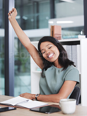 Buy stock photo Startup, success or black woman with notebook for winner in business deal, marketing partnership or celebration for target achievement. Happy, smile or business woman with wow or yes for winning 