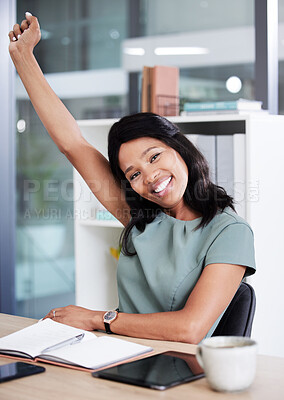 Buy stock photo Portrait, success and celebration of black woman in office after achievement of goals, targets or task. Winner, business woman and happy female employee from Nigeria celebrating victory in workplace.