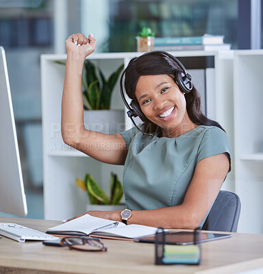 Buy stock photo Call center, success fist and woman with sales target, profit and corporate celebration for goals achievement in office portrait. Winner, black woman and telemarketing agent with employee excellence