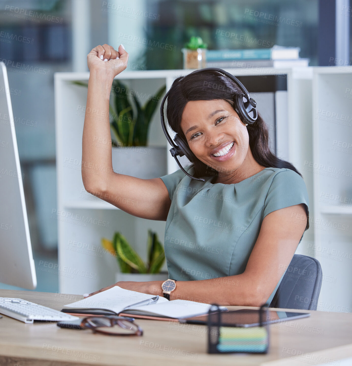 Buy stock photo Call center, success fist and woman with sales target, profit and corporate celebration for goals achievement in office portrait. Winner, black woman and telemarketing agent with employee excellence