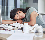 Sleep, burnout or black woman sleeping on office desk for fatigue, exhausted or stress from overwork. Mental health, sick or business woman with 404 headache, research depression or computer anxiety 