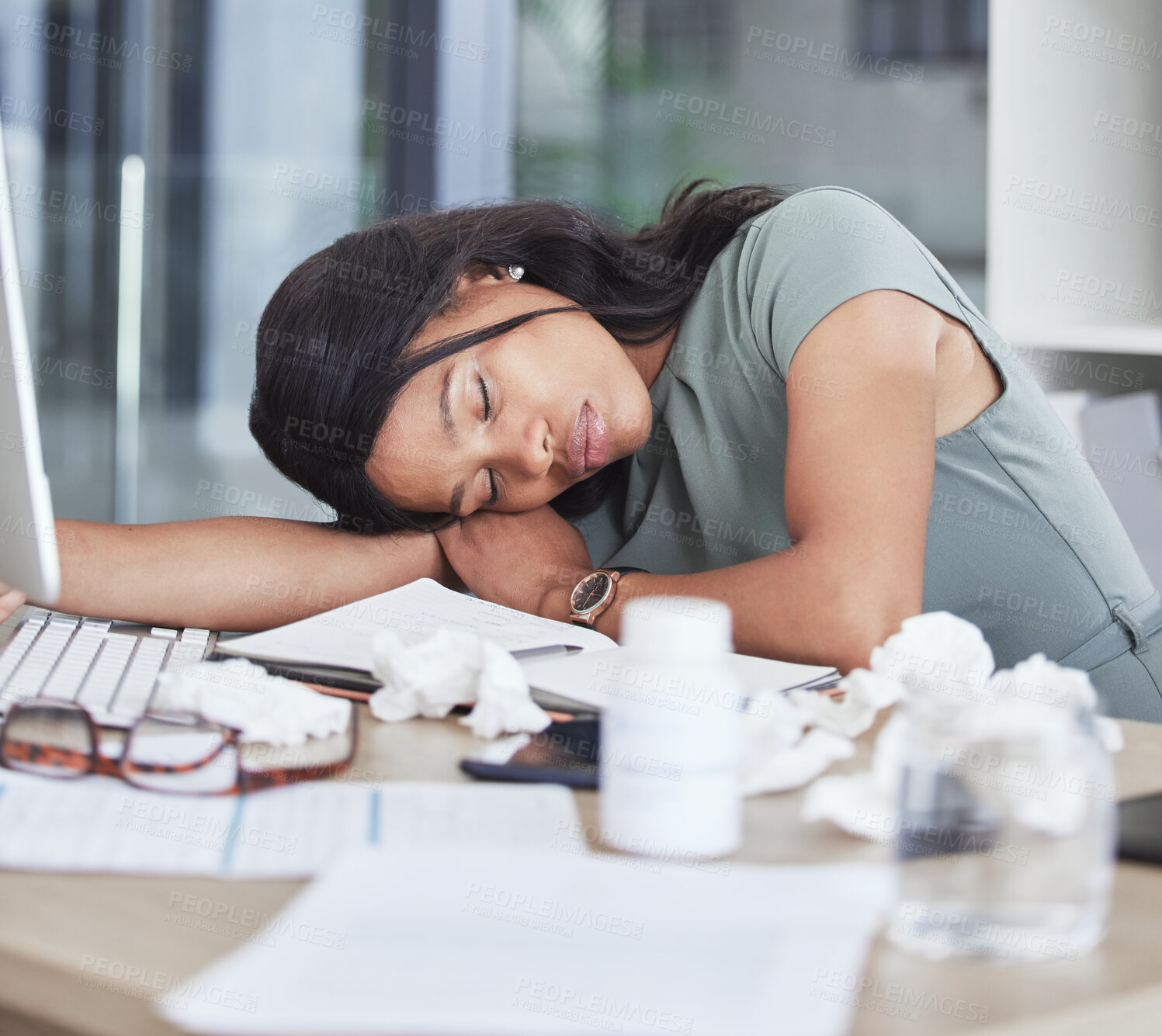 Buy stock photo Sleep, burnout or black woman sleeping on office desk for fatigue, exhausted or stress from overwork. Mental health, sick or business woman with 404 headache, research depression or computer anxiety 