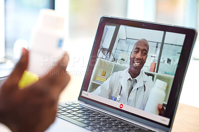 Buy stock photo Doctor, laptop and video call for medical consultation online, healthcare research and web collaboration. Science, hospital worker and consulting medicine on digital tech call in hospital office