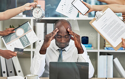Buy stock photo Headache, stress and businessman with documents in hands for time management, office administration and project proposal anxiety. Burnout, mental health or tired black manager on a laptop with chaos