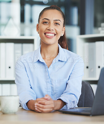 Buy stock photo Business, woman and worker portrait at office desk as administration executive, company manager and financial advisor in Spain. Happy employee at table for finance management, accounting and payroll