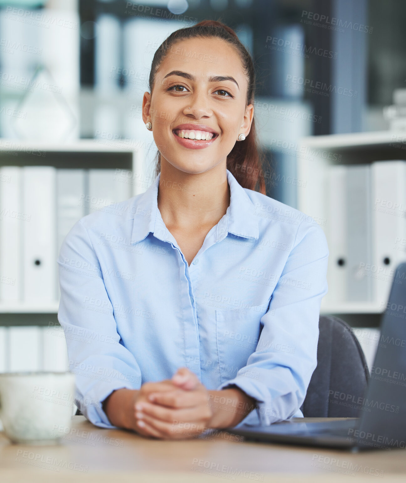 Buy stock photo Business, woman and worker portrait at office desk as administration executive, company manager and financial advisor in Spain. Happy employee at table for finance management, accounting and payroll
