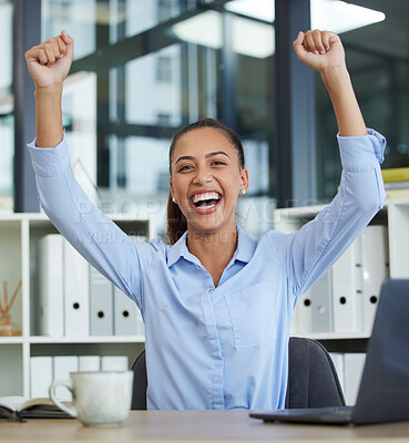 Buy stock photo Woman, corporate achievement and celebration portrait in office for promotion, goal success or happy employee. Winning, businesswoman celebrate and happiness at desk in morning for winner bonus