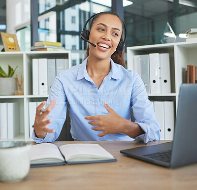 Buy stock photo Call center, woman and video call on laptop in office for business telemarketing, sales or client management. Happy agent, consultant and telecom worker consulting, communication and talk on computer