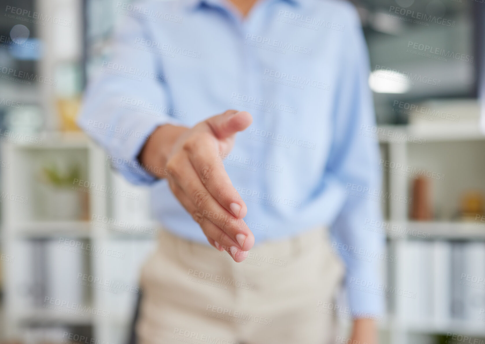 Buy stock photo Businessman, handshake and meeting at the office for introduction, welcome or partnership. Employee man shaking hand gesture for teamwork, agreement or deal for b2b, strategy or greeting at workplace