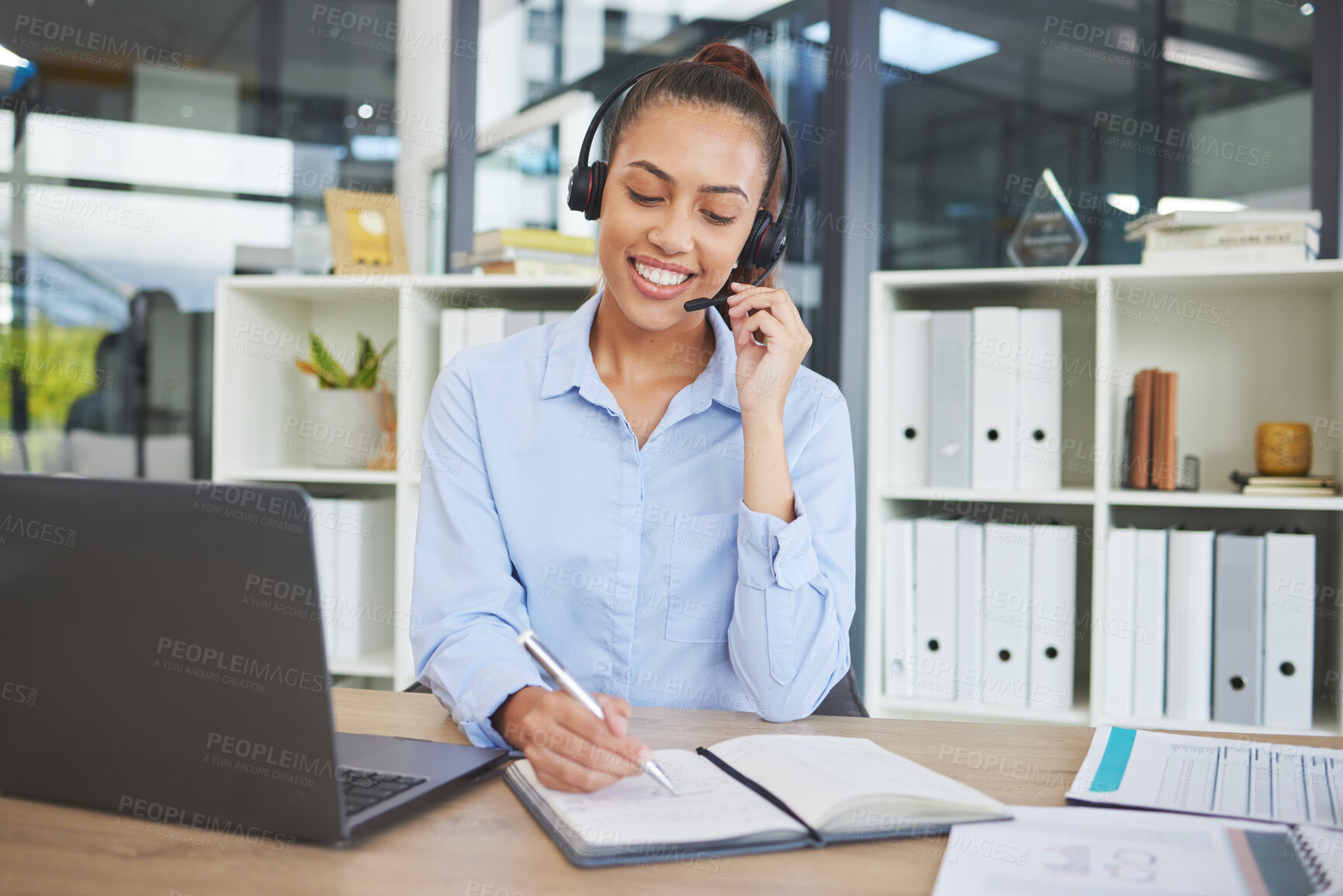 Buy stock photo Woman, notebook writing or call center headset with laptop consulting, telemarketing schedule or customer support software. Smile, happy or talking receptionist on technology and calendar management