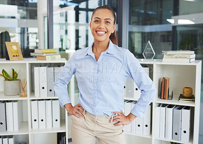 Buy stock photo Proud, office and business woman in portrait for corporate vision, company success and folder management strategy in administration. Happy woman, secretary job or professional career in the workplace