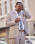 Facepalm, phone and city with a business black man in shock after reading a text message outdoor during his commute. Unhappy, doubt and face palm with a male employee shocked in an urban town