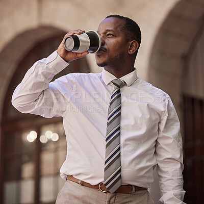 Buy stock photo Businessman, drinking coffee and thinking with a vision in morning work routine in the outdoors. Black man employee on break having a warm drink contemplating business, strategy or working