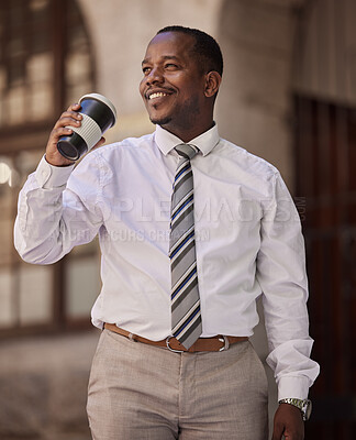 Buy stock photo Black man on coffee break, thinking and corporate job, relax with accountant and view outdoor, professional and business. Businessman in finance, drinking takeaway coffee and happy smile.