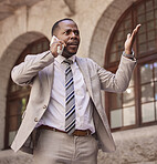 Phone call, confused or black man in New York street, city or road with question, angry or stress communication. Lawyer, mobile or businessman with smartphone for depression, anxiety or 5g network