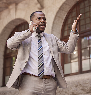 Buy stock photo Phone call, confused or black man in New York street, city or road with question, angry or stress communication. Lawyer, mobile or businessman with smartphone for depression, anxiety or 5g network