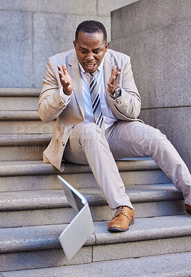 Buy stock photo Businessman, laptop and mistake with damage, drop and fail while typing or reading email outdoor in the city. Black man, pc or technology with disaster, broken and accident crash on steps in New york