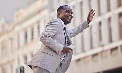 Buy stock photo Taxi stop, travel and black man in the city, street bus and happy with transport in New Zealand. Transportation call, smile and African businessman waiting for a metro in the road for commute to work