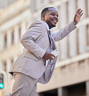 Buy stock photo African businessman, stop taxi and street in city, metro or urban transport for travel, meeting or event. Corporate black man, smile and hail for cab, bus or e-hailing transportation in Cape Town