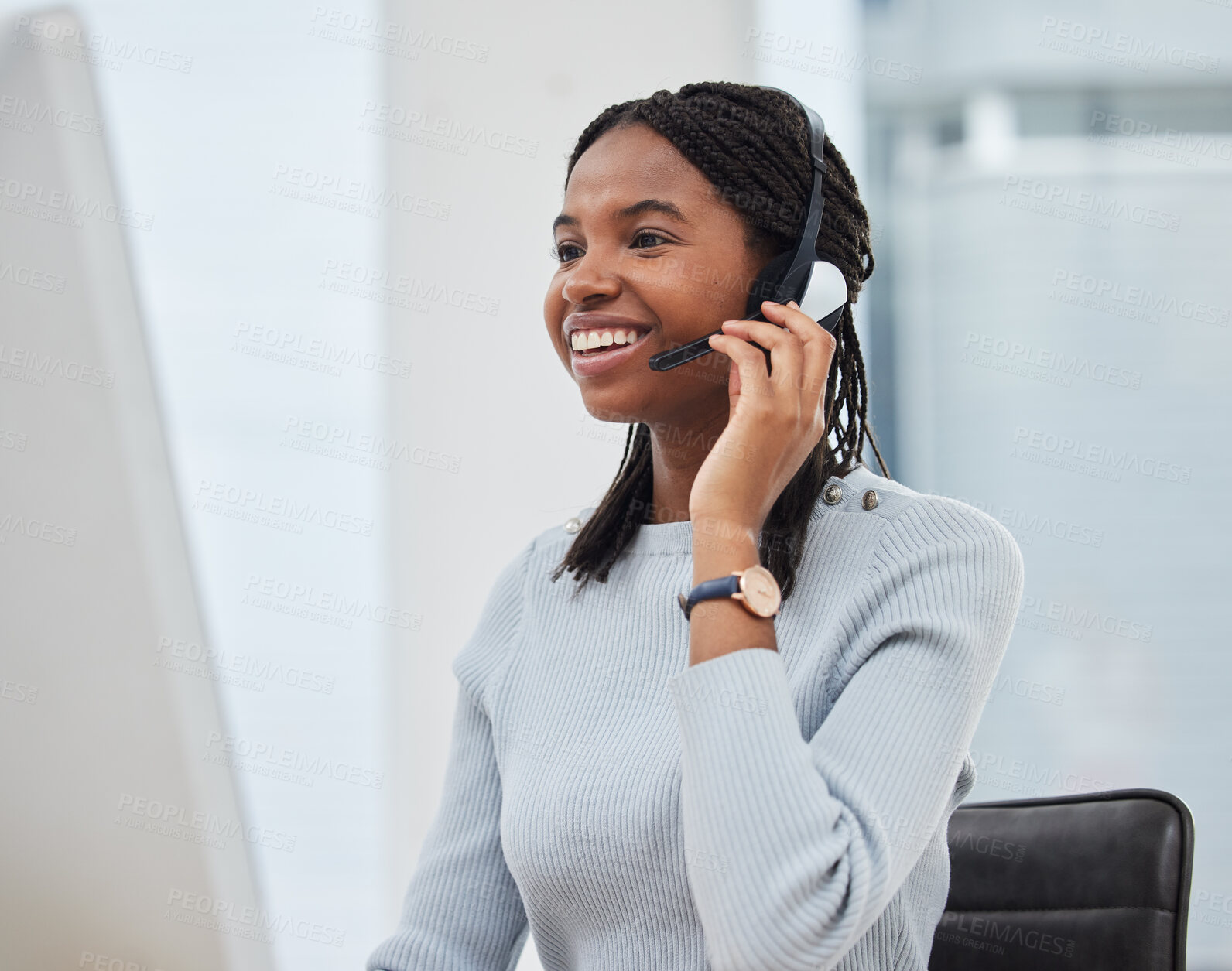 Buy stock photo Call center, customer support and black woman talking to client in corporate workplace for crm help desk. Customer service, receptionist and female consulting agent speaking with friendly service