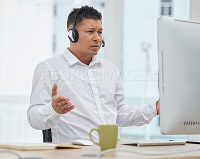 Buy stock photo Faq, confused or man problem solving in a call center talking or helping client with challenge question. Contact us, frustrated or stressed salesman listening to solve failure crisis at customer care