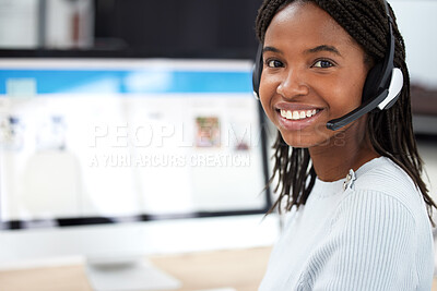 Buy stock photo Call center, customer support and portrait of black woman with computer in office. Contact us, crm and face of happy female sales agent, telemarketing or help desk worker from Nigeria in workplace.