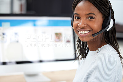 Call center, customer support and portrait of black woman with computer in office. Contact us, crm and face of happy female sales agent, telemarketing or help desk worker from Nigeria in workplace.