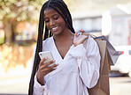 Shopping, smartphone and fashion black woman with sale, discount or online promo deal for website subscription, e commerce and retail. Shopping bag, using phone and african happy with choice in city