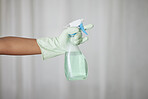 Cleaning, chemical product and cleaner hand with glove, hygiene, house work and detergent spray bottle for spring cleaning. Disinfectant, housekeeping and maid, cleaning service mockup and janitor.