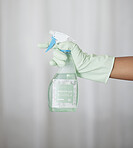 Spring cleaning, hands and bottle with chemical spray, eco friendly product and disinfection of bacteria, dirt and household maintenance. Closeup of cleaner, cleaning service and liquid detergent 