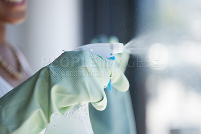 Buy stock photo Hands, spray and detergent for cleaning window, domestic or housework chores at home. Hand with rubber glove spraying for clean hygiene, sanitary or anti bacteria chemical cleaner for washing glass