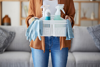 Buy stock photo Zoom, woman hands with cleaning, product in basket for home maintenance, cleaning service or living room spring cleaning. Cleaner or maid with brush, liquid spray bottle or clean supplies in hand