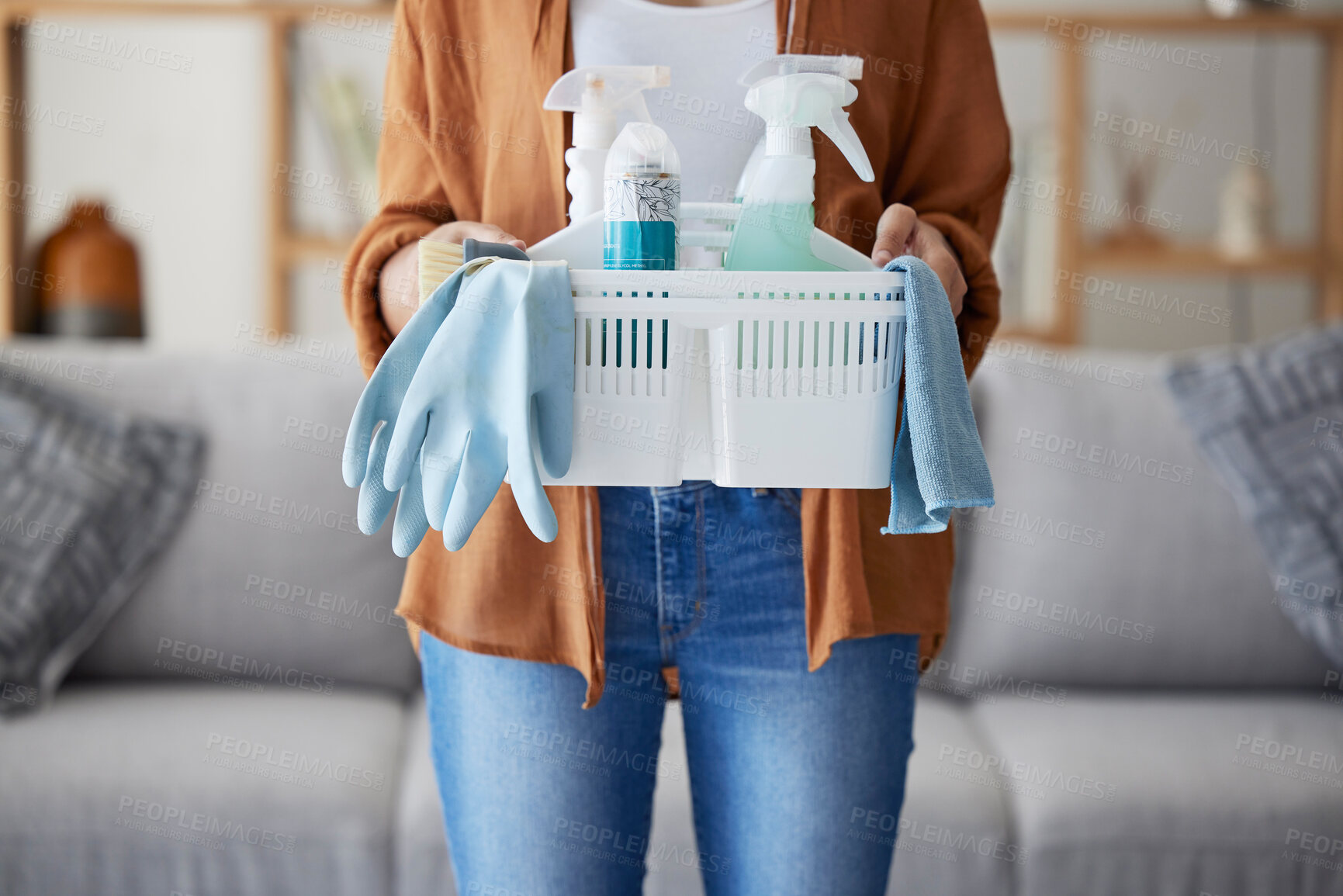 Buy stock photo Zoom, woman hands with cleaning, product in basket for home maintenance, cleaning service or living room spring cleaning. Cleaner or maid with brush, liquid spray bottle or clean supplies in hand