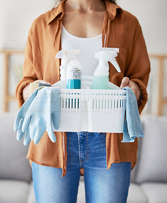Buy stock photo Cleaning service, product basket and cleaner hands for living room home, startup employee with plastic bottle, container and cloth. Woman, hygiene liquid and bacteria spray for spring cleaning career