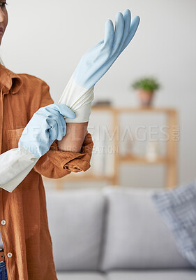 Buy stock photo Woman hands, cleaner with gloves and cleaning, hygiene and safety against bacteria and germs, cleaning service and prepare for house work. Employee, housekeeper with spring cleaning and clean mockup.