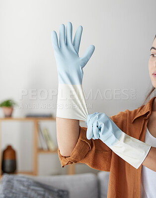 Buy stock photo Woman, hand gloves and prepare to start cleaning, hygiene and housework in clean service, work and job in house. Female domestic worker, bacteria and cleaning service, zoom and  cleaner in home