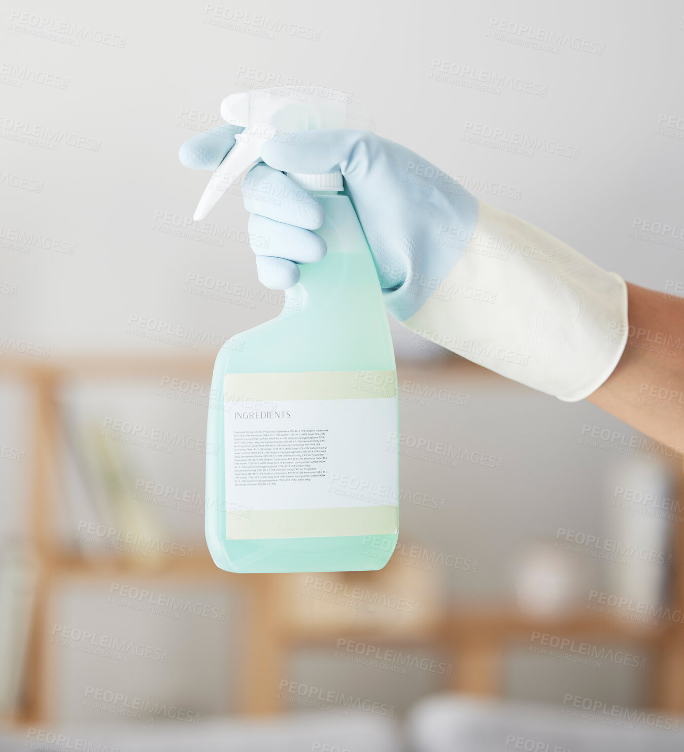 Buy stock photo Cleaning, spray bottle and hands of woman in home for bacteria, safety and sanitary. Hygiene, chemicals and housekeeping service with cleaner and disinfection product for germs, dirt and domestic
