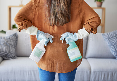 Buy stock photo Woman hand, glove and spray bottle, cleaning detergent and spring cleaning in home living room, Cleaner, maintenance and cleaning service with female domestic worker in house, clean and product