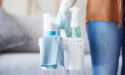 Buy stock photo Woman, hand or cleaning container in house, home or hotel living room in hygiene maintenance, housekeeping or bacteria control. Zoom, fabric or spray bottle for maid, cleaner or spring cleaning work
