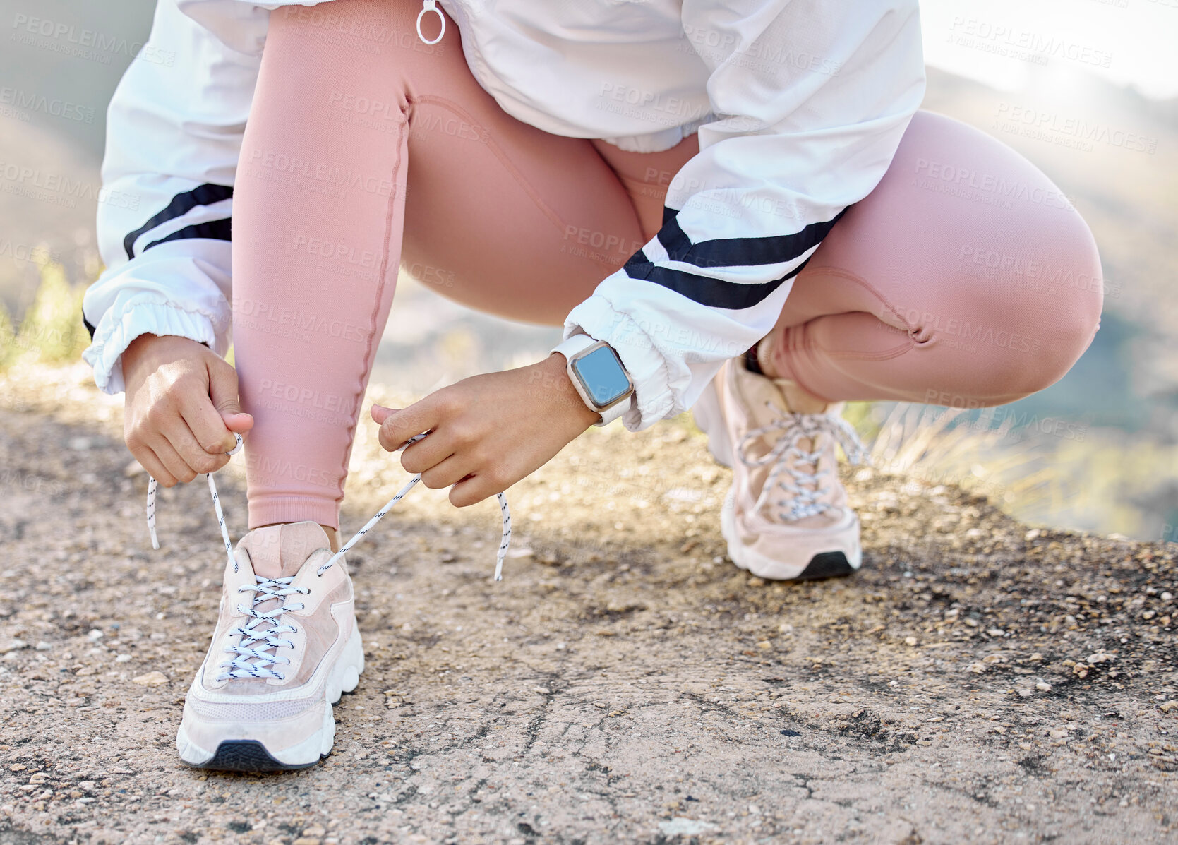 Buy stock photo Shoe, hand and woman tie lace for fitness, sport and run in nature for exercise and training workout. Athletic, athlete and footwear of a female sports runner prepare for running marathon outside 