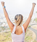 Winner, hands in air and woman exercise, outdoor and workout for wellness, health and cardio. Female athlete, healthy girl and runner victory, raised arms and power for training in nature and fitness
