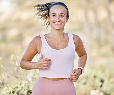 Buy stock photo Running, fitness and runner with woman and exercise outdoor, training portrait and health motivation with wellness and active. Run, workout and sports, marathon or race with cardio and energy mockup.