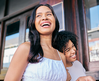 Buy stock photo Funny, women or couple of friends love laughing at joke while talking, conversation or speaking of gossip. Smile, relaxing or happy girls embrace while chatting, joke or bonding at an outdoor cafe