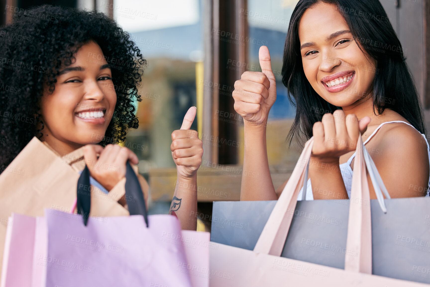 Buy stock photo Thumbs up, shopping and friends in the city mall, retail sale and happy with discount. Success, yes and portrait of women with shopping bags for fashion, urban store and win on deal at a shop