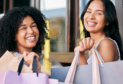 Buy stock photo Shopping bag, portrait and friends or women excited for retail sale, promotion or discount deal of holiday wealth, finance and commerce. Happy black woman or customer people shopping together in city
