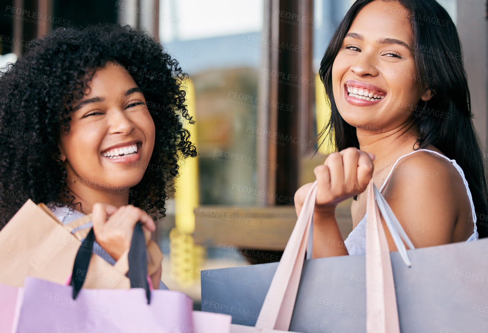 Buy stock photo Shopping bag, portrait and friends or women excited for retail sale, promotion or discount deal of holiday wealth, finance and commerce. Happy black woman or customer people shopping together in city