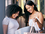 Happy customer, women and friends check shopping bags for luxury fashion, discount product and sales promotion from retail therapy. Two girls excited at choice from shopping mall customer experience 