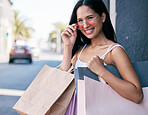 Retail, shopping bag and sunglasses with woman in city for summer, sales and products purchase. Luxury, deal and promotion with girl customer and expensive package for consumer, fashion and spree