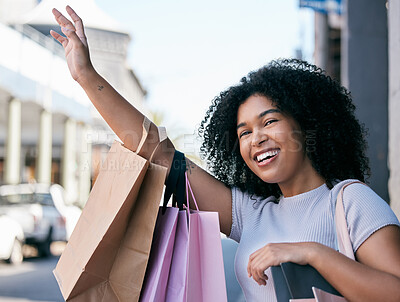 Buy stock photo Black woman while shopping with smile and shopping bag, wave in outdoor mall, hail taxi or transport in Rome, retail and customer. Young shopper in city, happy with designer brand and discount sale.